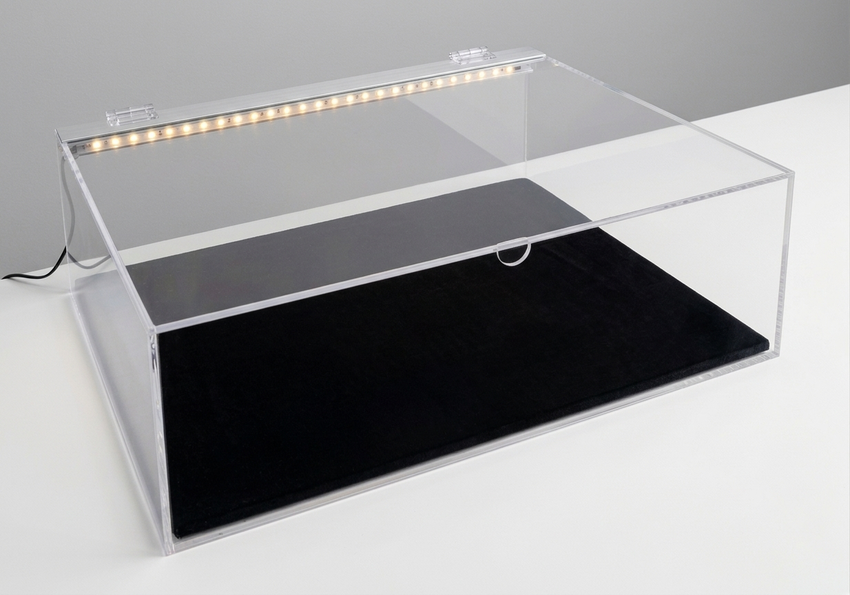 teca con strip led e base in velluto